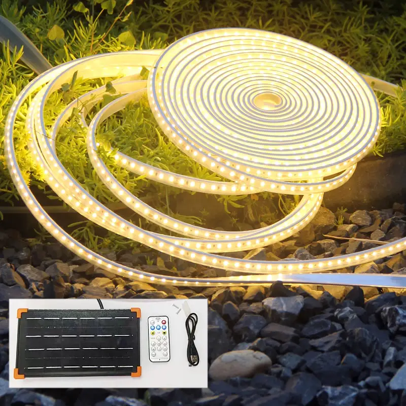 Outdoor Waterproof Garden Diy 10m Cuttable Rope Lamp Solar Panel Powered Led Flexible Strip Lights