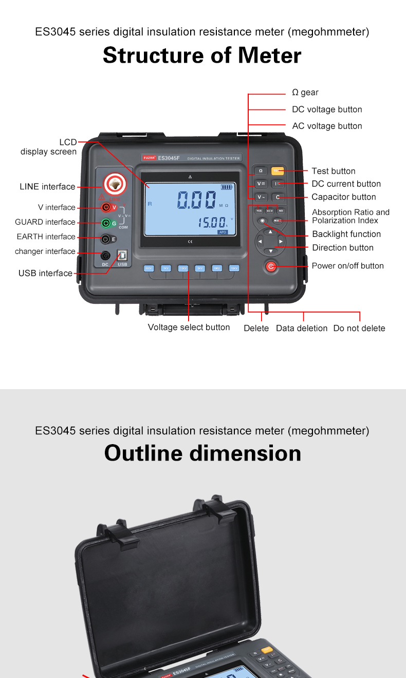 FUZRR ES3045 ES3045E ES3045F Megohm Insulation Resistance Tester 5kV/10KV/15KV 1