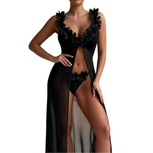 Ensemble de lingerie féminine sexy et douce, comprenant nuisette, robe de chambre, robe à bretelles, string dos nu, en dentelle à col en V, couleur unie - Product Image 3