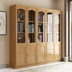 Libreria Moderna <span class=keywords><strong>e</strong></span> Semplice a 3 Ante in Legno Massello di Quercia con Porta in Vetro <span class=keywords><strong>e</strong></span> Ripiani per Casa, Ufficio <span class=keywords><strong>e</strong></span> Studenti - Product Image 2