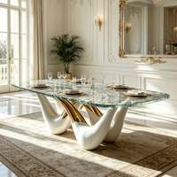 Table à manger de luxe en fibre de verre, base incurvée blanc-or, plateau en verre trempé, table rectangulaire pour villa et maison