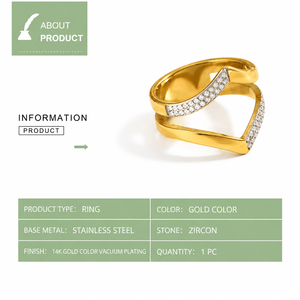 Wave Crossover Zircon <b>Stainless</b> <b>Steel</b> <b>Ring</b> with 14K Gold Color Vacuum Plating and Sculptural Open Design - Product Image 2