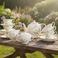 Set Teh Keramik Ramah Lingkungan Gaya Nordik yang Dapat Disesuaikan, Kotak Hadiah Cangkir dan Piring Teh Bermotif Bunga, Set Kopi Bone China untuk Pernikahan