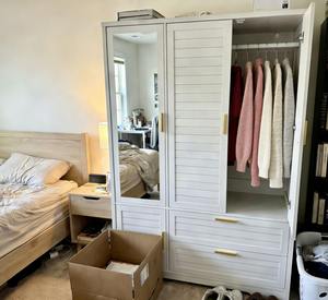 <span class=keywords><strong>Armoire</strong></span> de rangement autoportante <span class=keywords><strong>blanche</strong></span> en bois massif à 3 portes avec miroir pour commande en gros - Product Image 4