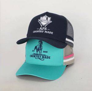 Gorra de malla con rayas y bordado 3D personalizado, gorra trucker de 5 paneles de perfil alto, 100% algodón para deportes - Product Image 1