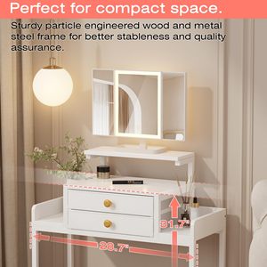 SENYU Miroir de Coiffeuse Moderne Pliable avec Éclairage 28,4'' de Largeur, Support Réglable en Hauteur, 2 Tiroirs en Tissu, Matériau MDF Blanc pour Chambre à Coucher S - Product Image 2
