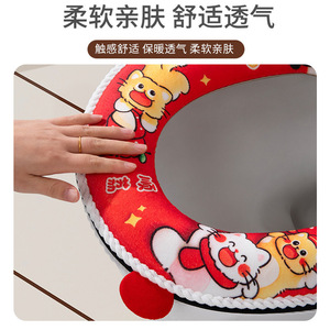 Cute Cartoon Red Festive Toilet Seat Cover Plush Warm With Handle For Home Use Autumn Winter - Product Image 3