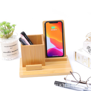 Support de téléphone en bois avec boîte de rangement pour stylos, organisateur de bureau, de forme rectangulaire, en bois massif - Product Image 1