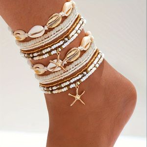J&amp;D New Arrival Stainless Steel Beach Jewelry <strong>White</strong> <strong>Gold</strong> Seed Beads Braided Seashell Charm <strong>Anklet</strong>
