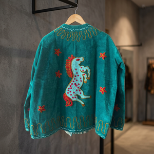Veste d'automne en velours brodée Suzani, manches longues, col montant mandarin, style vintage, motif floral cheval turquoise, rembourrée en coton - Product Image 3
