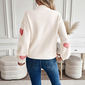 Women's Heart Print Mock Neck Sweater Long Puff Sleeve Loose Knit Pullover Casual Soft <strong>Valentines</strong> Day <strong>Jumper</strong> - Product Image 4