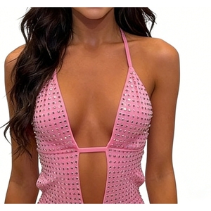 เดรสสั้นคอ halter สำหรับผู้หญิง แต่งดีเทลเว้า ตัดเย็บด้วยผ้าตาข่ายประดับคริสตัล/เมทัลลิก ชายกระโปรงบาน เหมาะสำหรับงานปาร์ตี้และไนท์คลับ แฟชั่นทันสมัย - Product Image 2
