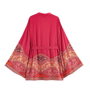 Blusa de Manga Kimono con Estampado Bohemio Personalizado, Cierre Frontal con Lazos, Corte Holgado, Tejido, con Puños Anchos, OEM/ODM por Fábrica China, Camisas Vintage - Product Image 3