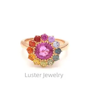 Luster Amazing Flower Rainbow Halo S925 Silver/10k 14k 18k Gold Jewelry 8mm Round Synthetic Lab Pink Sapphire Ring