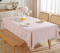 Nappe de table à manger rose moderne style chinois en polyester à rayures et pompons, rectangulaire 55x79 pouces, décorative