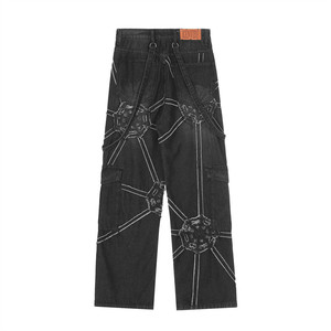 Calças dos homens do estilo do projeto da rua alta americano europeu Punk 3d Aranha <span class=keywords><strong>Web</strong></span> Wide-leg Botão lavado Straight-leg Inverno - Product Image 2