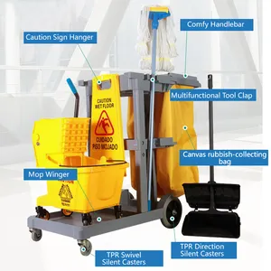 Cleaning Trolley Cart Wholesale Janitorial Supply Service Multifunction Hotel Plastic Housekeeping Serving Folding Cleaning Trolley Janitorial Cart