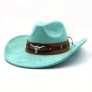 Sombrero Vaquero Unisex de Moda Invierno 2024, Estilo Occidental con Cinturón de Cuero Sintético con Cabeza de Buey para Adultos, Entusiastas del Aire Libre - Product Image 1