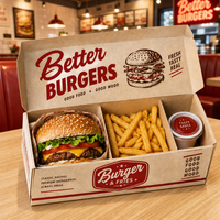 Emballage personnalisé pour hamburgers et frites à emporter, en carton blanc biodégradable, avec logo, pelliculage mat et traitement anti-graisse.