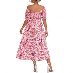 European and American Tube Top Off-Neck Printed Short Sleeve <b>Elastic</b> <b>Waist</b> Medium-Length Floral <b>Dress</b> - Product Image 5