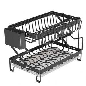 Égouttoir à vaisselle pliable à 2 niveaux avec plateau de drainage, organisateur de cuisine rétractable et support de rangement - Product Image 5