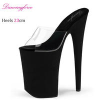 Nouvelles sandales à plateforme en daim transparentes à bout ouvert, talon haut sexy de 23 cm (9 pouces), rehaussant la taille, pour la danse sur barre, collection Printemps-Été