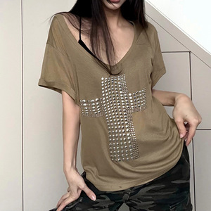 Asian Street <span class=keywords><strong>Rock</strong></span> Cross Hot Copper <span class=keywords><strong>T</strong></span>-<span class=keywords><strong>shirt</strong></span> d'é<span class=keywords><strong>t</strong></span>é décontracté à manches courtes pour femmes, épaules dénudées, teint uni, tricoté, taille 2XL, chaud - Product Image 1
