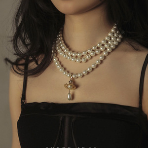 Cadenas de Perlas de Imitación de Circonio Chapadas en Oro de Tres Capas, Estilo Reina Occidental, Clásicas Vintage, con Diseño 3D de Saturno y Gota de Agua - Product Image 4