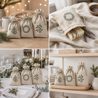 Ensemble de sacs cadeaux en coton mousseline naturel avec logo personnalisé, imprimé botanique scandinave, pour Noël, mariage, pochette pour cadeaux, 3 tailles