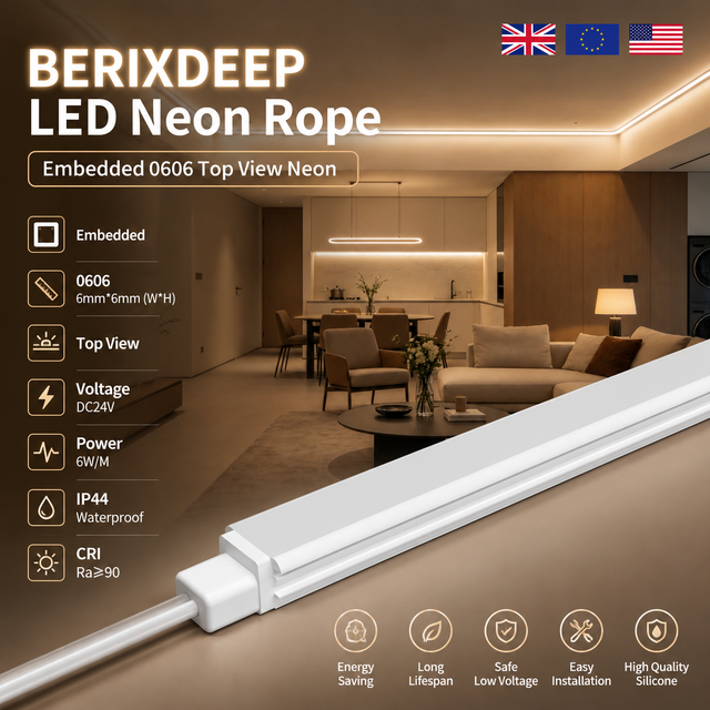 BERIXDEEP Embedded 0606 Top View Neon Rope DC24V Bendable IP44 Neon Light Strip Flex Silicone Led Neon Strip for Room Decoration