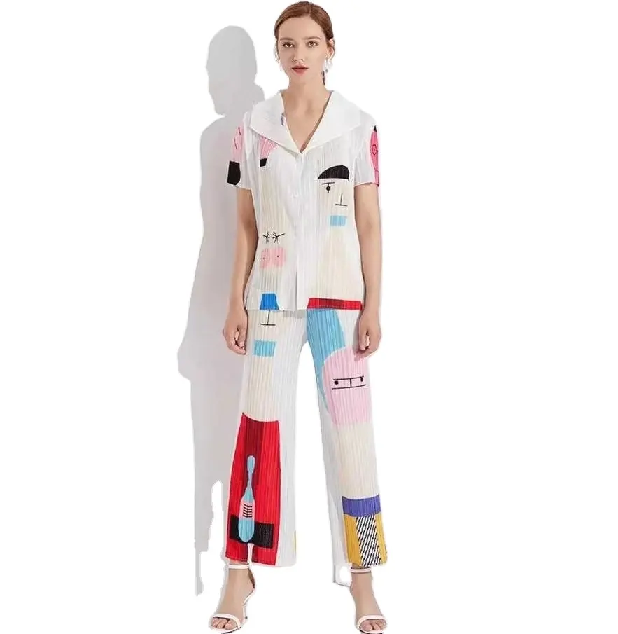 Miyake - Conjunto de duas peças para mulheres, roupa estética de verão com estampa de desenho animado plissado, botão de desenho animado, ideal para mulheres, 2024