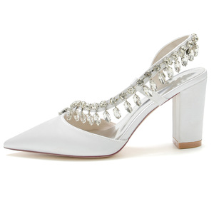 Satin Crystals Bridal Pumps 8.5cm <b>Chunky</b> Heel Wedding Party Sandals Women Dating <b>Shoes</b> Plus Size Customize logo OEM Factory - Product Image 3