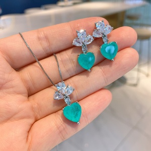 Fashion Brass Heart Cut 10*10mm Paraiba Cubic Zirconia Bulk Necklace <b>Earrings</b> <b>Set</b> Eco-friendly Copper Jewelry <b>Set</b> Wholesale - Product Image 1
