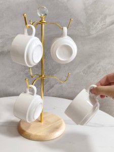 Koffiekophouder met houten basis en metalen haken voor thuis, keuken, bar, opbergruimte en presentatie, capaciteit voor 4 kopjes, modern design - Product Image 4