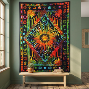 Tapiz Hippie con Diseño de Sol y Luna Ardientes para Colgar en la Pared del Dormitorio, Decoración Bohemia, Psicodélica, India, Hippie, para Cama - Product Image 3