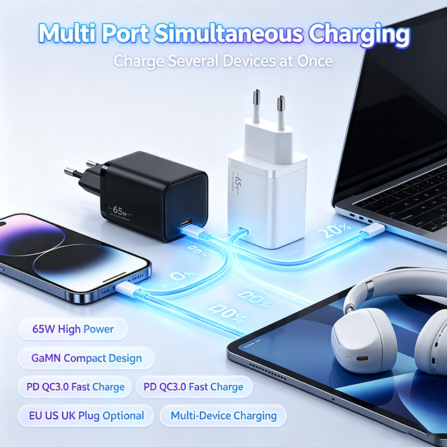 High Quality | 65W GaN Charger  PD QC3.0 USB a Type C Multi Port Fast Charger EU US UK Plug Portable Wall Charging Adapter