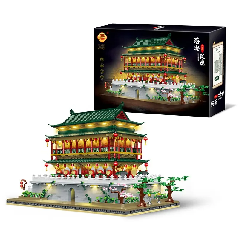 China Xi'an Drum Tower ancient architecture castle modeling complex building blocks ornaments for adults' and children's toys