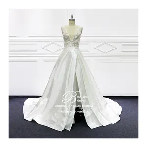 Bridal Wedding Gowns Lace Illusion Bodice A-line Pleat Satin Skirt V Neckline High Split