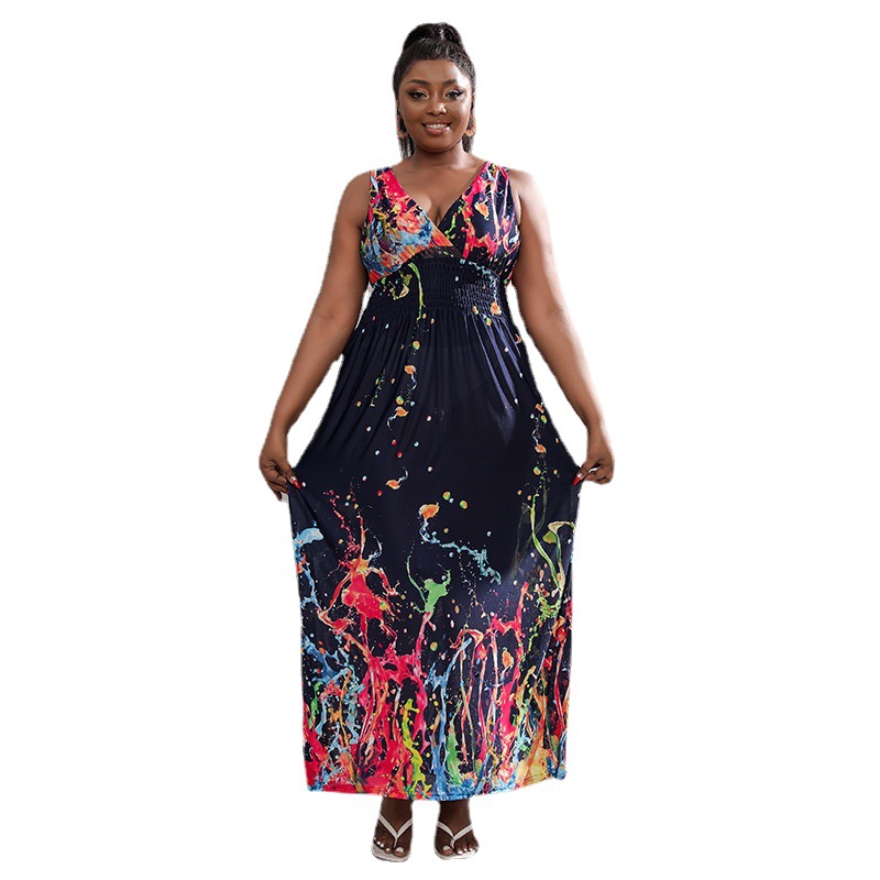 India Southeast Asia Hot Plus Size Dress Backless Deep V-neck Retro Print Fat Women Dress Summer