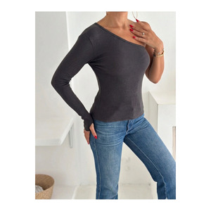 Women's Smoke Grey One Shoulder Long Sleeve Knit <b>Top</b> With Finger Detail Blouse For Casual Wear - Product Image 2