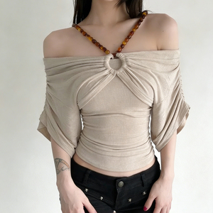 American Vintage Casual Street Style Off Shoulder Batwing Sleeve Ruched Tee Women Beaded Cut Out <b>Cross</b> Halter <b>Top</b> - Product Image 4