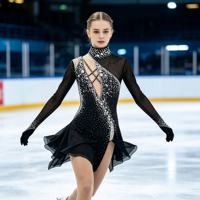 Robe de patinage sur glace noire scintillante avec strass, manches longues transparentes, pour enfants et adultes, compétition et spectacle