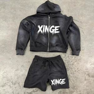 Ensemble short et sweat à capuche zippé surdimensionné délavé à l'acide, imprimé sérigraphié, effet soleil éclairé, survêtement deux pièces pour homme - Product Image 1