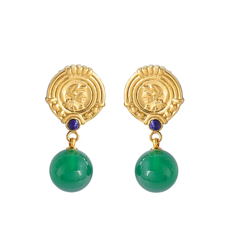 Handmade 18k Gold Plated | Drop & Dangle Green Onyx Gemstones Earring | Double Stone Round Shape Jewelry | Mode Joyas