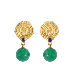 手工18k镀金 | 水滴和悬挂绿色玛瑙宝石耳环 | 双石圆形珠宝 | Mode Joyas