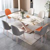 Table à manger pour 6 personnes, table à manger rectangulaire moderne en pierre frittée, ensemble de table à manger durable avec base géométrique en acier inoxydable, salle à manger
