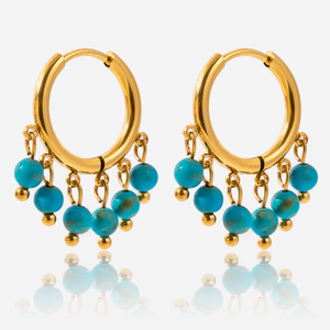 Hoop <b>Earrings</b> Gold Stainless Steel Blue Turquoise <b>Tassel</b> Dangle Fashion Jewelry Gift - Product Image 1