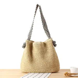 Простая Стильная универсальная вязаная соломенная сумка с завязанным плечевым ремнем Экологически чистая модная тканая сумка для пляжного отдыха