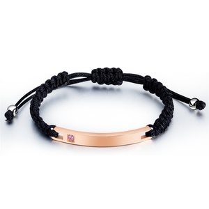 Fashion Trendy Curve bar <b>Engraved</b> Jewelry Stainless Steel Crysal Natural Stone Rope Couple Bracelet - Product Image 1