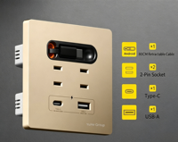 Enchufe de Pared Inteligente YuHe Group Smart Life 10A, 2 Tomas de Corriente, 1 USB-C, 1 USB-A, Cable Retráctil Integrado, Panel de Aluminio Moderno, Wi-Fi Rápido